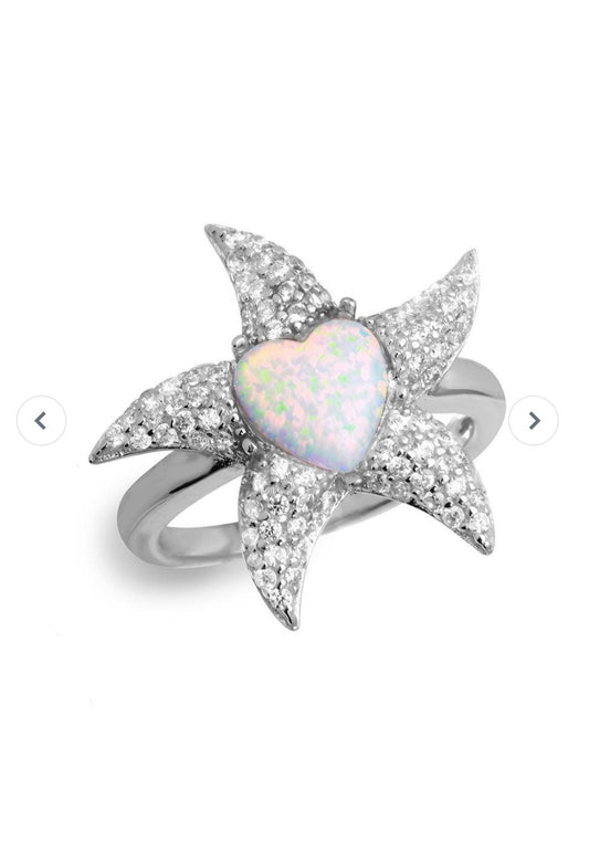 Silver 925 Rhodium Plated Starfish Ring with Synthetic Opal and CZ